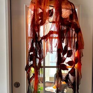 Sheer Orange and Black Leaf Pattern Scarf